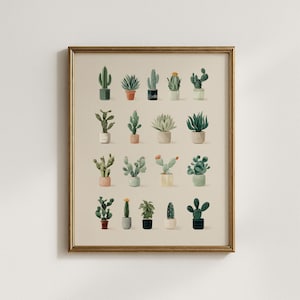 May include: A framed print showcasing watercolour illustrations of various cacti. The plants are depicted in different forms and sizes, potted in terracotta, black, and white pots. The artwork has a neutral backdrop and a gold frame.