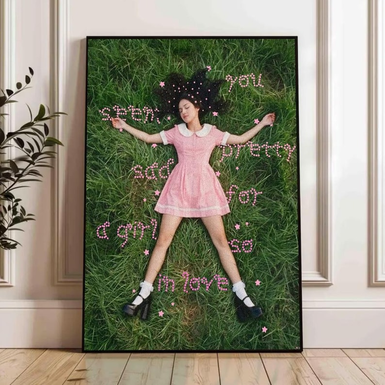 May include: A framed print featuring a person lying on grass, wearing a pink dress with a white collar and black shoes. The words "you seem pretty sad for a girl so in love" are written in pink. The background is green grass.