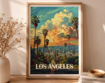 Los Angeles Travel Poster, California Wall Art Print, Retro LA Cityscape, Palm Tree Sunset Poster, Vintage USA Travel Decor