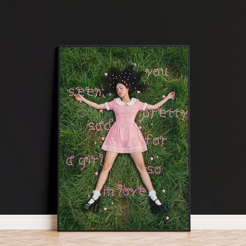 May include: A framed print featuring a person lying in grass, wearing a pink dress, black shoes, and white socks. The image has text that reads "you seen pretty for a girl so in love". The person's hair is adorned with black and pink stars.