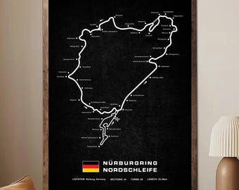 Nürburgring Nordschleife trackkaart poster, racecircuit muurkunst, motorsport print, formule racedecor, autoliefhebber cadeau (ingelijst)