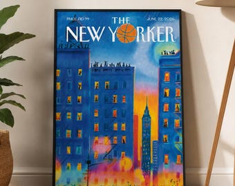 NYC Basketball Night Poster Unframed, New York City Sports Wall Art, Urban Skyline Print, Colorful Basketball Fan Room Decor