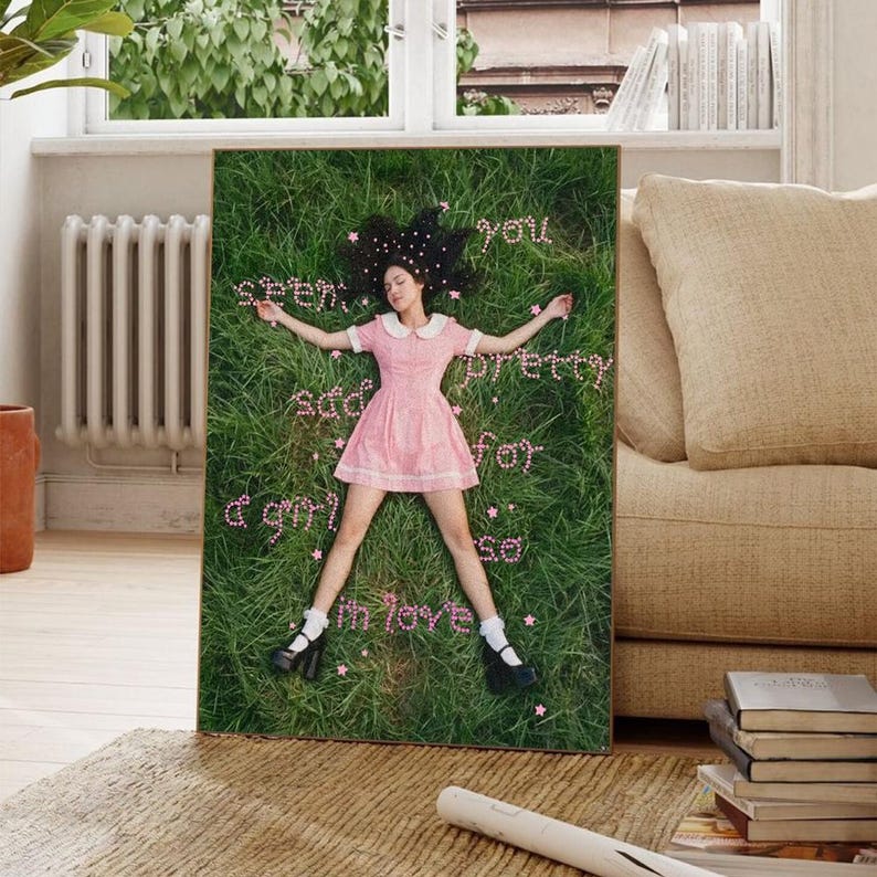 May include: A framed print featuring a person lying on grass, wearing a pink dress and black shoes. The words "you seem pretty sad for a girl so in love" are written on the grass in pink letters. The background includes a window and a radiator.