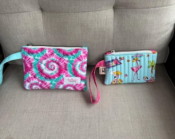 Quilted Cotton Wristlet Pouch: Tie Dye Swirl & Flamingo Prints