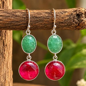 Natural aventurine and ruby Gemstone 925 Sterling Silver Earrings Gift for her