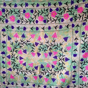 Handmade Kantha Quilt Queen Size | Floral Embroidered Cotton Bedspread | Indian Boho Quilt | Patchwork Bedding | 90x108 Inches