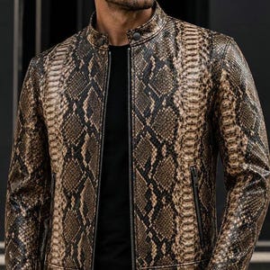 Men's Snake Embossed Leather Biker Jacket | Genuine Python Print Motorcycle Coat