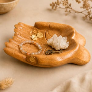 Carved Wooden Bowl | Key Holder Dish | Decorative Cupped Hands | Jewelry Tray | Home Decor | Wooden |