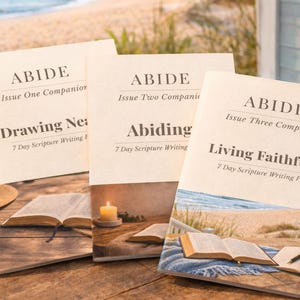 May include: Three companion books titled "ABIDE" with the text "Drawing Near", "Abiding", and "Living Faithfully". Each book features an open book illustration and a beach scene. The books are on a wooden surface.
