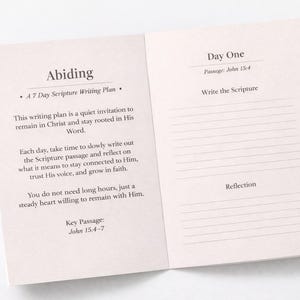 Peut inclure: Journal ouvert avec le titre &laquo;&nbsp;Abiding&nbsp;&raquo; et le texte &laquo;&nbsp;A 7 Day Scripture Writing Plan&nbsp;&raquo;. Le journal est ouvert sur une page avec le titre &laquo;&nbsp;Day One&nbsp;&raquo; et des espaces lign&eacute;s pour &eacute;crire. Le journal est rose clair.