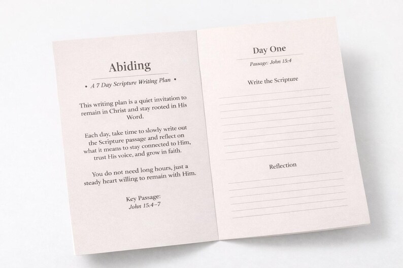 Peut inclure: Journal ouvert avec le titre &laquo;&nbsp;Abiding&nbsp;&raquo; et le texte &laquo;&nbsp;A 7 Day Scripture Writing Plan&nbsp;&raquo;. Le journal est ouvert sur une page avec le titre &laquo;&nbsp;Day One&nbsp;&raquo; et des espaces lign&eacute;s pour &eacute;crire. Le journal est rose clair.