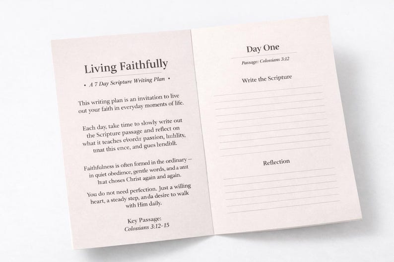 Peut inclure: Livre ouvert avec le titre "Living Faithfully" et le sous-titre "A 7 Day Scripture Writing Plan". Les pages sont beige clair avec du texte noir. La page de droite est pour &eacute;crire l'&Eacute;criture et la r&eacute;flexion.