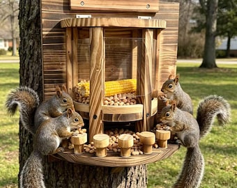 Mangeoire à écureuils en bois The Nut Bar, Station d'alimentation pour animaux sauvages dans l'arrière-cour, décoration de jardin rustique