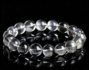 10,5 mm, bracelet rare de perles de quartz rutiles en brookite noire naturelle de qualité supérieure, bracelet en brookite argenté dans un quartz