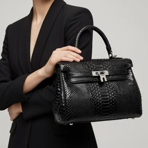 Black Python Leather Handbag, Exotic Snakeskin Top Handle Bag, Structured Shoulder women bags