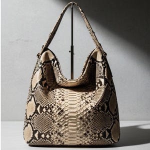 Bolso hobo de piel de pitón beige, bolso de hombro de lujo con estampado de serpiente.