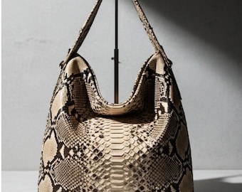 Beige Python Leather Hobo Bag, Luxury Snakeskin Shoulder Bag