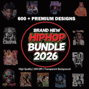 Könnte beinhalten: Werbebild für ein Hip-Hop-Bundle mit Künstlerporträts und dem Text "600+ Premium Designs". Eine zentrale Grafik lautet "Brand New Hip Hop Bundle 2026". Das Bild befindet sich auf schwarzem Hintergrund.