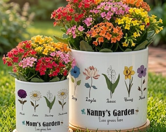 Aangepaste bloempot voor geboortemaand, gepersonaliseerde keramische plantenbak voor moeder met kindernamen