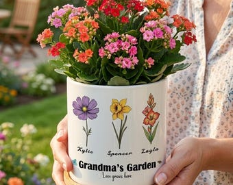 Kundenspezifischer Geburts-Blumen-keramischer Pflanzer, personalisierter Familienname-Topf für Mutter, Oma oder Nana