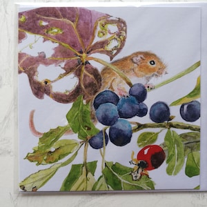 Carte de vœux, Petite souris de récolte, Tirage aquarelle - 5 x 5 (13 x 13 cm) - Thé de l’après-midi (détail)