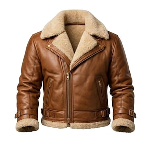 May include: A brown leather jacket featuring a thick beige shearling collar, cuffs, and hem. The jacket includes a diagonal front zipper, two zippered side pockets, and adjustable buckled straps at the waist and cuffs with gold-tone hardware.