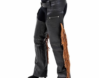 Black Leather Chaps with Tan Fringe | Western Cowboy Biker Motorcycle Riding Gear