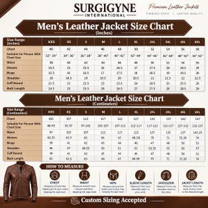 May include: A size chart for leather jackets by Surgigyne International, featuring two tables with measurements in inches and centimeters for sizes XXS to 5XL, along with a brown leather jacket and a guide on how to measure body parts.