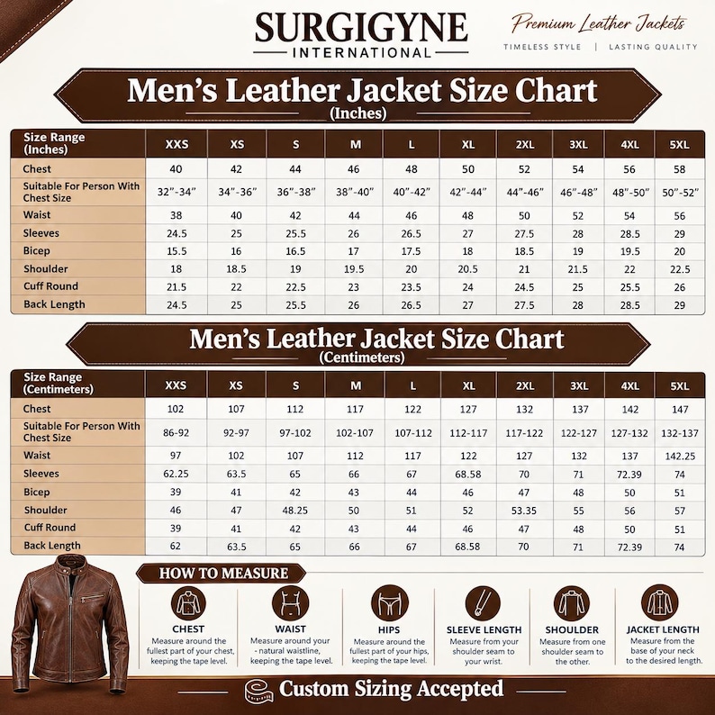 May include: A size chart for leather jackets by Surgigyne International, featuring two tables with measurements in inches and centimeters for sizes XXS to 5XL, along with a brown leather jacket and a guide on how to measure body parts.