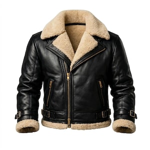 May include: A black leather jacket featuring a thick beige shearling collar, interior lining, and cuffs. The jacket includes a gold-toned asymmetrical front zipper, two zippered side pockets, and adjustable buckled straps at the waist and cuffs.