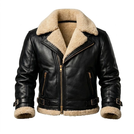 Men's Black Genuine Leather Shearling Jacket – Biker Aviator Style Winter Warm Fur Coat