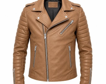 May include: A tan leather motorcycle jacket featuring an asymmetrical front zipper, silver-toned hardware, zippered pockets on the chest and sides, epaulets on the shoulders, and ribbed padding details along the sleeves with zippered cuffs.