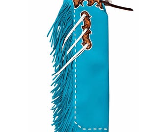 Turquoise Leather Rodeo Chinks – Tooled Floral Yoke, Fringe, Adjustable Western Chaps