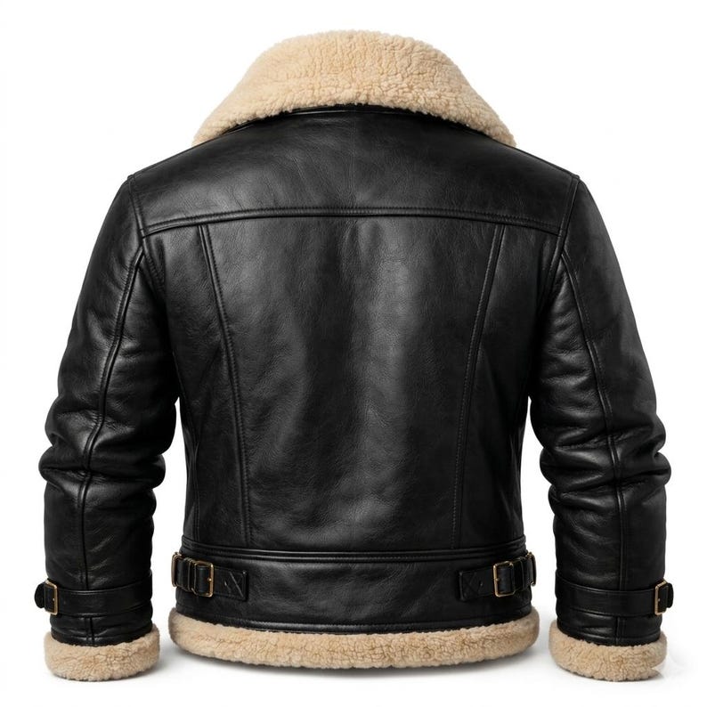 May include: A black leather jacket featuring a thick beige shearling collar and matching shearling trim at the cuffs and hem. The jacket includes adjustable side straps with metal buckles at the waist and additional buckle straps at the cuffs.