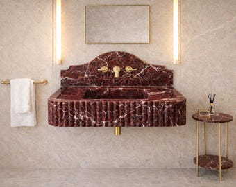 Hand Carved Rosso Levanto Marble Sink – Fluted Wall Mounted Bathroom Vanity Basin