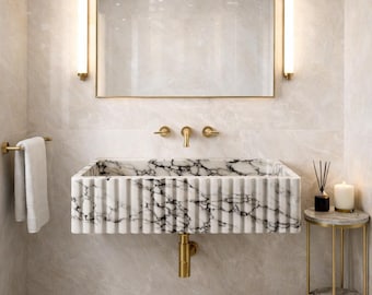 Calacatta Viola Marble Sink  | Fluted Wall-Mounted Bathroom Vanity Sink Natural Rectengular Stone Basin