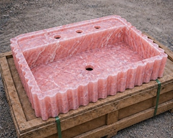 Hand Carved Pink Onyx Marble Sink - Wall Mount Fluted Bathroom Stone Basin
