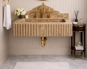 Emperador Custom Size Marble Sink with Backsplash | Hand-Carved Wall-Mounted Fluted Bathroom Vanity Basin