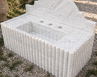 Hand Carved White Carrara Marble Sink – Fluted Wall Mounted Bathroom Vanity Basin