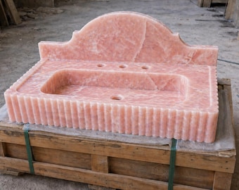 Hand Carved Pink Onyx Marble Sink with Backsplash - Wall Mount Fluted Bathroom Stone Basin