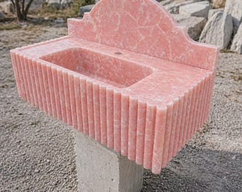Hand Carved Pink Onyx Marble Sink with Backsplash - Wall Mount Fluted Bathroom Stone Basin