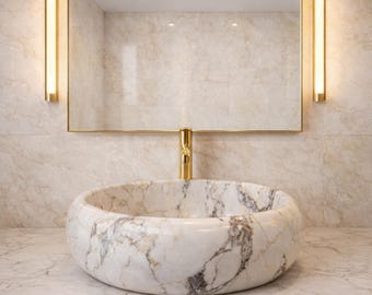 Calacatta Viola Marble Vessel Sink | Oval Hand-Carved Bowl Basin | Filled & Polished Luxury Natural Stone