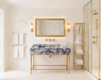 Calacatta Viola Marble Sink  | Fluted Wall-Mounted Bathroom Vanity Sink Natural Rectengular Stone Basin