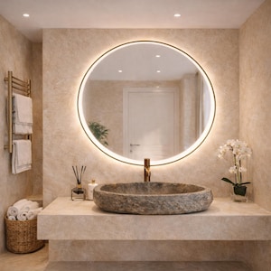 Puede incluir: Un baño moderno con un espejo redondo iluminado. Un lavabo de piedra se encuentra sobre una encimera de color claro. Un toallero dorado y una cesta de mimbre con toallas son visibles. La habitación tiene una paleta de colores neutros.