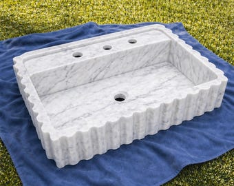 Hand Carved White Carrara Marble Sink – Fluted Wall Mounted Bathroom Vanity Basin