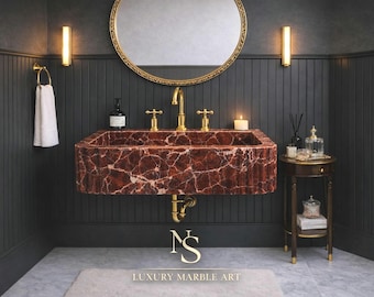 Hand Carved Red Rosso Levanto Marble Sink -  Wall Mounted Fluted Bathroom Vanity Basin