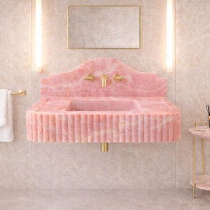 Handmade Pink Onyx Marble Stone Sink with Backsplash - Wall Mount Fluted Bathroom Basin