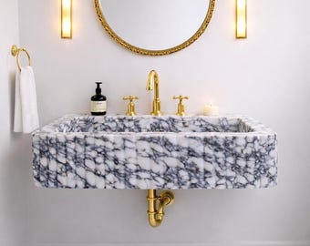 Hand Carved Calacatta Viola Wall Mounted Marble Sink: Fluted Design Bathroom Vanity Basin