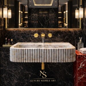 Marble Sink Wall-Mounted Fluted - Calacatta Gold Natural Stone - Hand-Carved Bathroom Vanity Basin