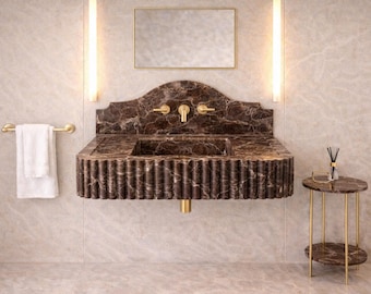 Hand Carved Emperador Brown Marble Sink with Backsplash - Wall Mounted Fluted Bathroom Vanity Basin